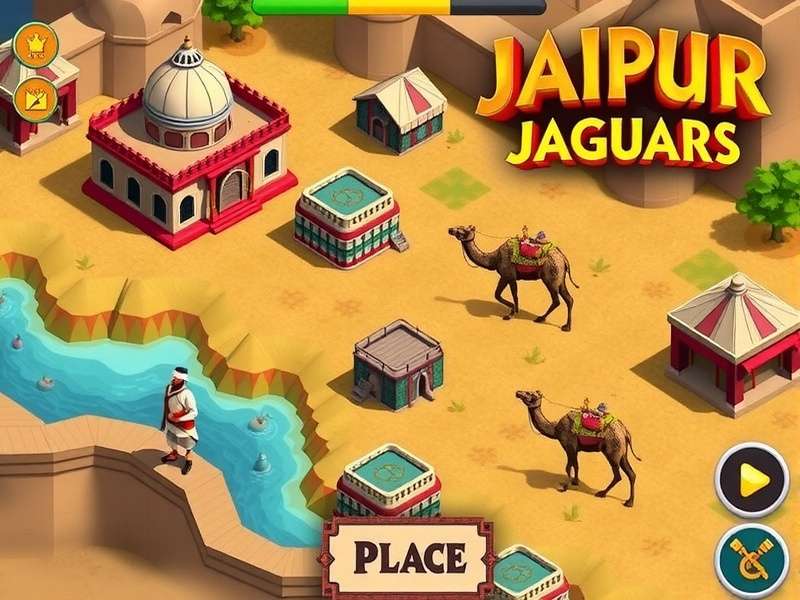 Jaipur Jaguars gameplay screenshot showing a player's kingdom with palace, marketplace, and camel caravans